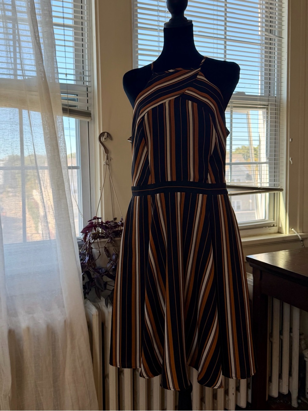 Maeve Vertical Stripe Halter Midi Dress in Black, Brown, Cream
